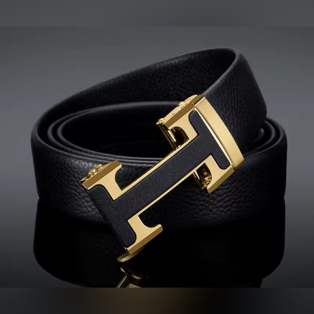NEW $98 H Luxe Black Genuine Leather Belt with Gold Buckle